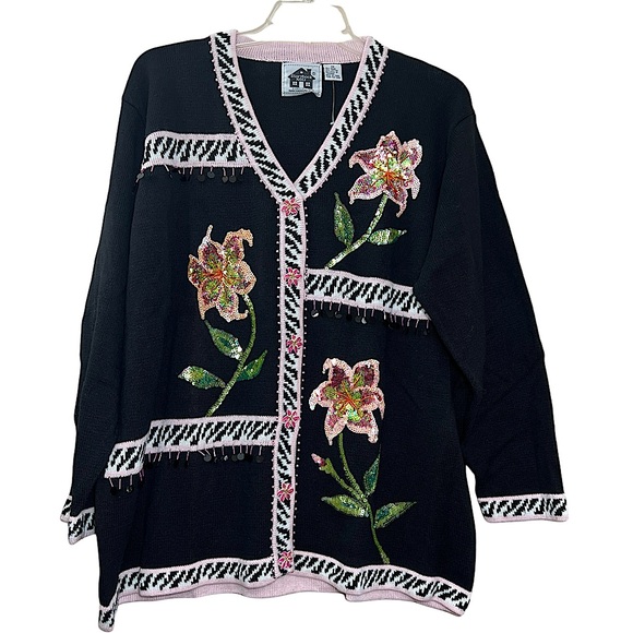 NWOT Storybook Knits black pink sequin beaded lily flower cardigan sweater 3X - Picture 1 of 14